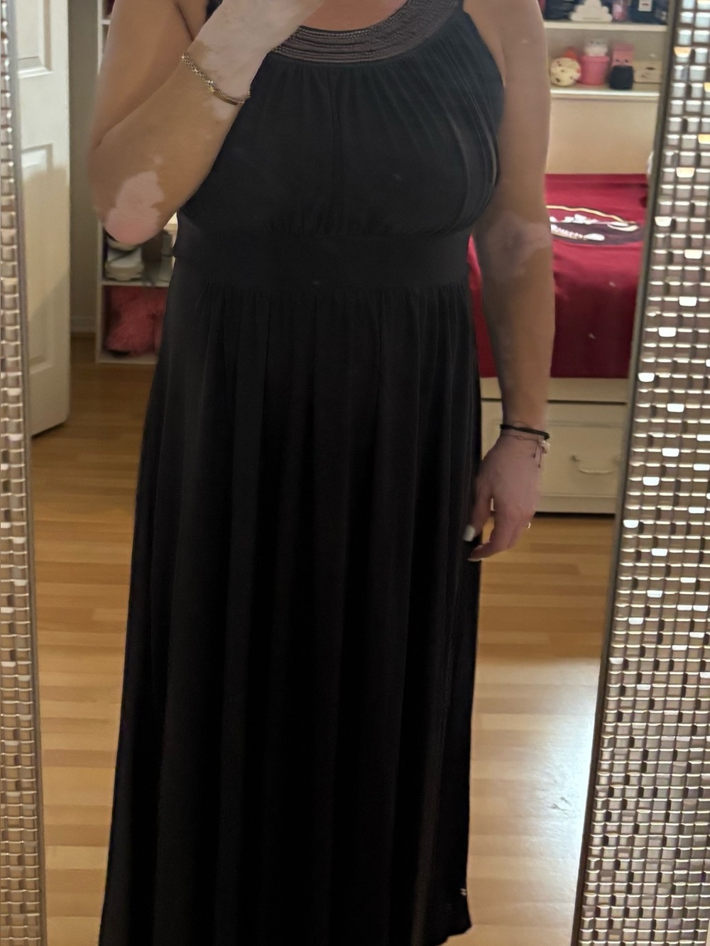 Haani Grecian Empire Waist Halter Beaded Maxi Dress Charcoal Gray Pleated Size L